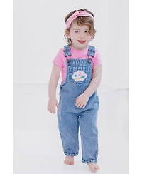 Ms. Rachel Baby Girls Denim Square Neck Vintage Wash Cosplay Overall, T-Shirt and Headband 3 Piece Outfit Set