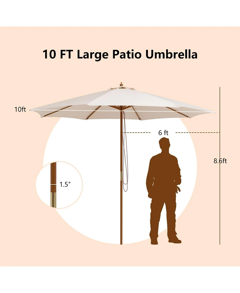 Mecale 10 Feet Patio Umbrella with 8 Wooden Ribs and 3 Adjustable Heights
