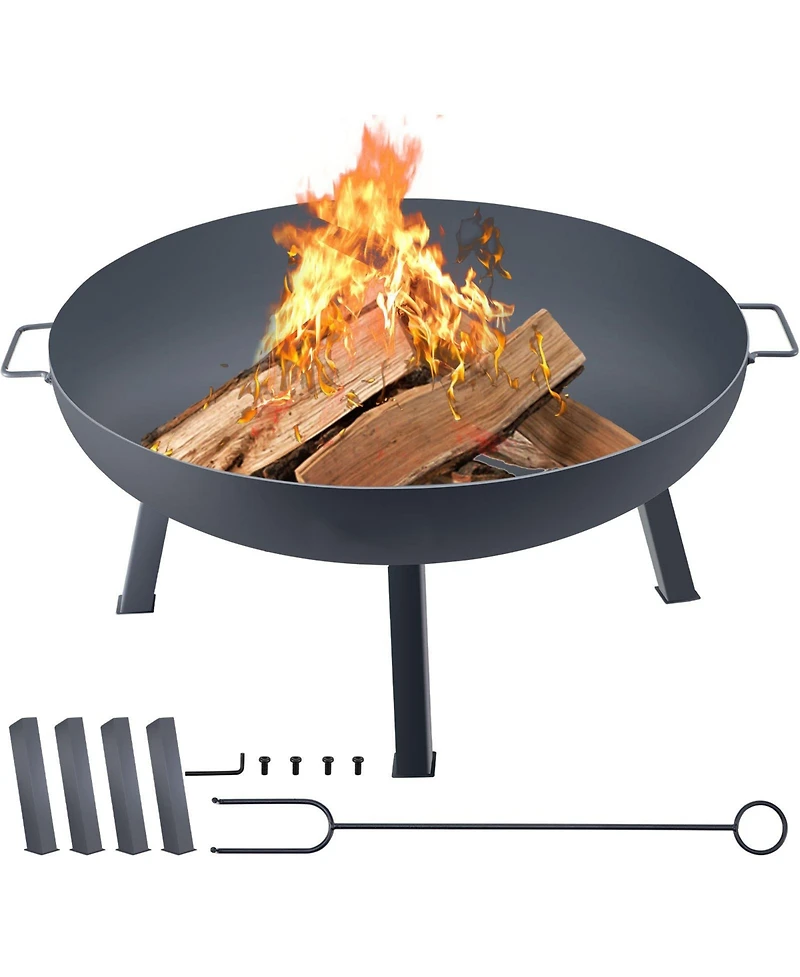 Slickblue Round Fire Pit Bowl Carbon Steel Wood Burning with Drain Hole and Handles