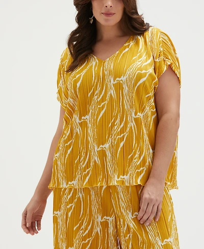 Ella Rafaella Plus Ripple Print V-Neck Plisse Short Sleeve Top