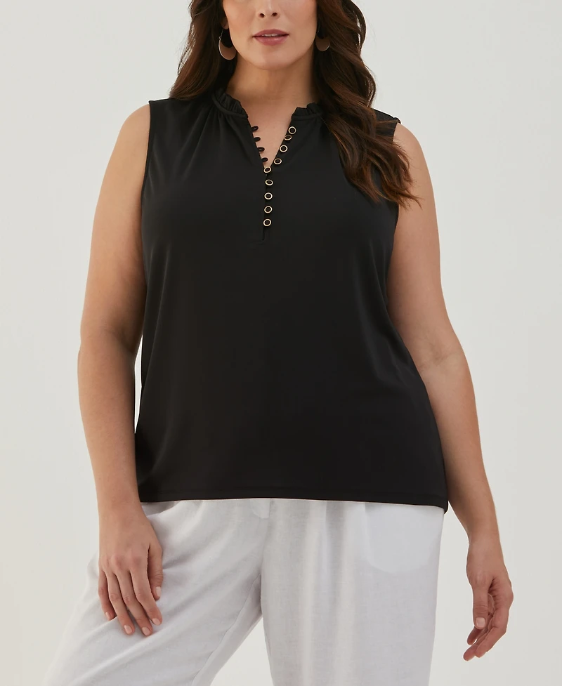 Ella Rafaella Plus Button Front Ruffle Sleeveless Tank Top