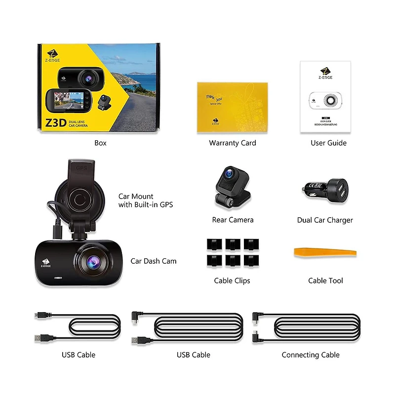 Z-edge Dual Dash Cam 2K Front + 1080P Rear, Gps & Wi Fi, 2.7″ Lcd, Night Vision, Wdr, G Sensor, Loop Recording, Parking Mode, Wide-Angle Lens,