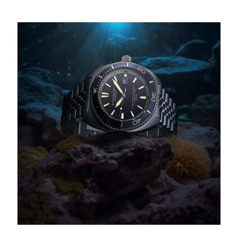 Stuhrling 1008 Men s Automatic Watch Swiss Movement Tonneau Stainless Steel Case Blue Dial Jubilee Bracelet 200M Water Resistant Date Window Diver