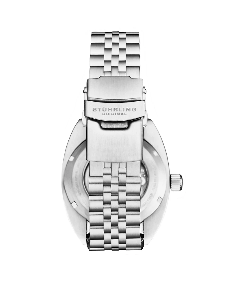 Stuhrling 1008 Men s Automatic Watch Swiss Movement Tonneau Stainless Steel Case Blue Dial Jubilee Bracelet 200M Water Resistant Date Window Diver