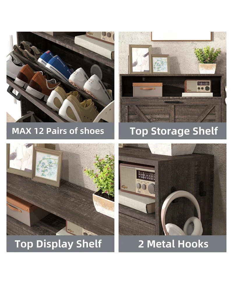 Farmhouse Shoe Storage Cabinet with Barn Door Design, Shoe Organizer with 2 Flip Drawers, Freestanding Narrow Shoe Rack Cabinet