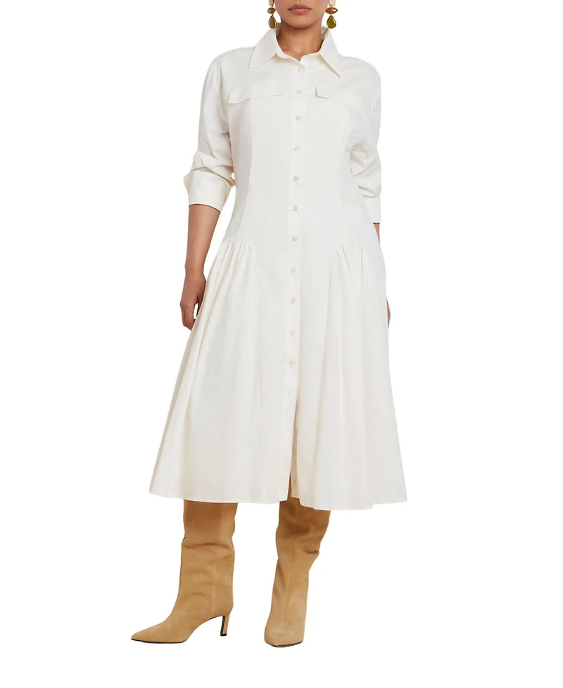 Eloquii Women's Shirred Godet Flare Poplin Dress