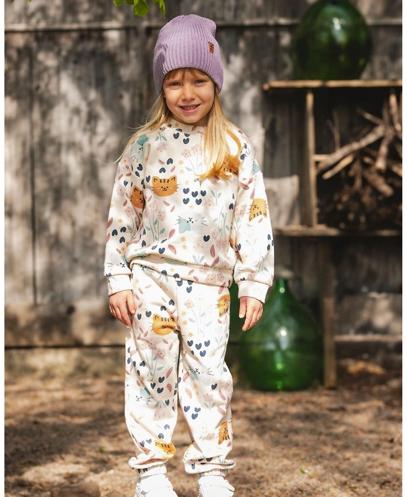 Deux par Baby Girls Glittering French Terry Sweatshirt Beige Cat Print