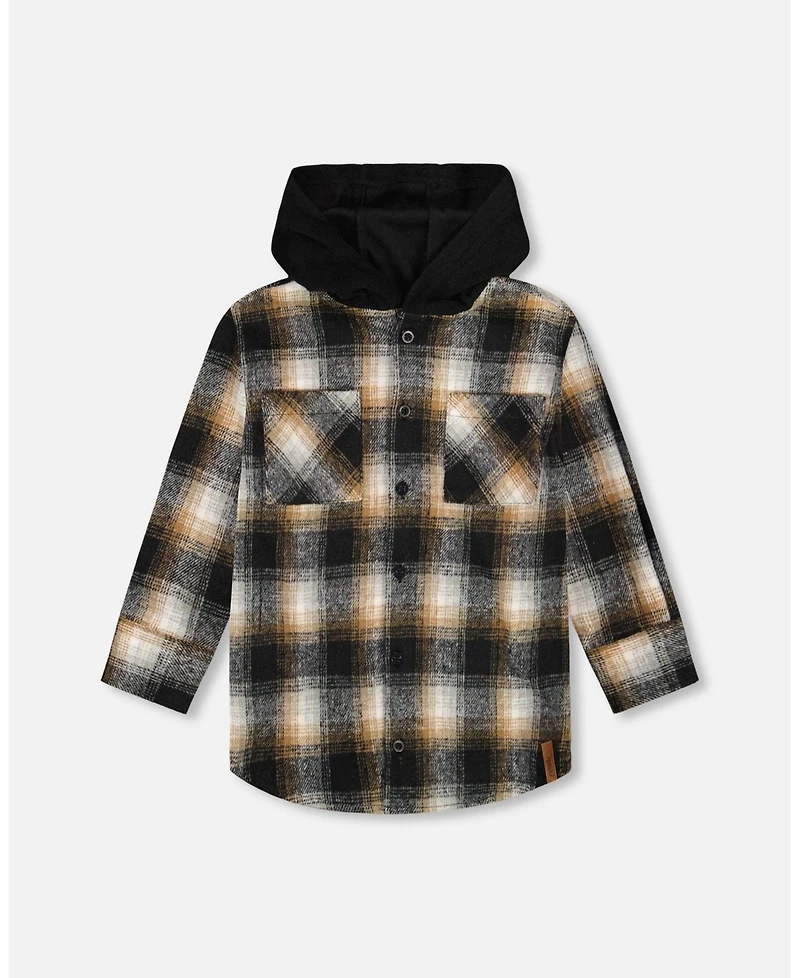 Deux par Boy Hooded Polar Fleece Overshirt with Hood Black and Brown Plaid