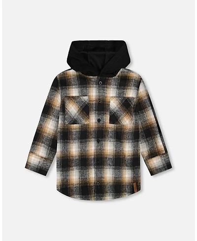 Deux par Boy Hooded Polar Fleece Overshirt with Hood Black and Brown Plaid