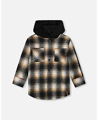 Deux par Boy Hooded Polar Fleece Overshirt with Hood Black and Brown Plaid