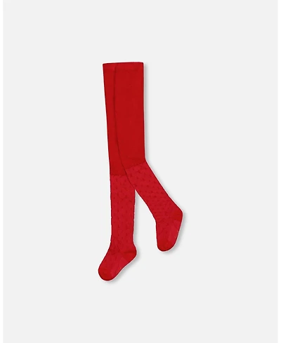 Deux par Baby Girls Knit Tights Red with Tone-On-Tone Star Pattern