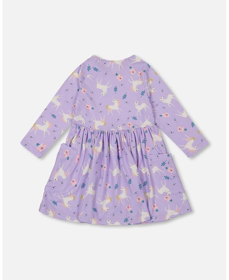 Deux par Big Girls Jersey Dress with Pockets Lilac Unicorn Print