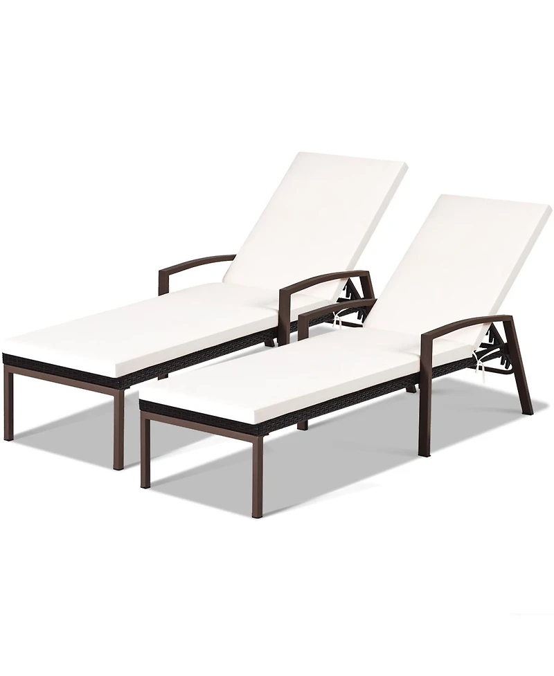 Gymax 2 Pcs Patio Rattan Chaise Lounge Chair Outdoor Reclining Chaise Sun Lounger