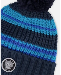 Deux par Boy Lined Knit Winter Hat with Pompom Black and Blue