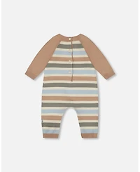 Deux par Baby Boy Knitted Romper Blue and Green Stripes