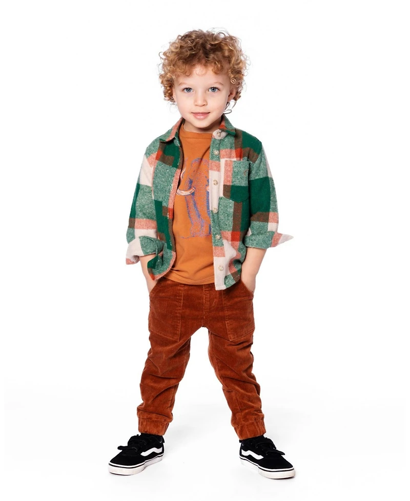 Deux par Boy Long Sleeve Yarn Dyed Plaid Shirt Green and Orange