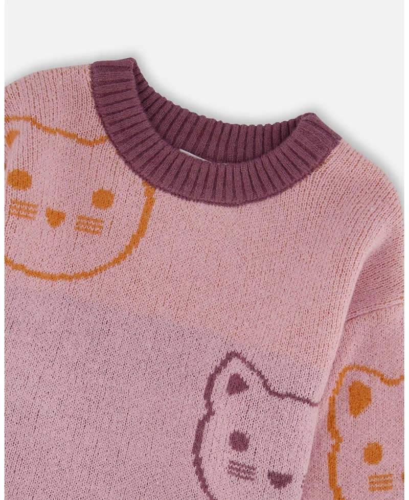 Deux par Toddler Girls Knit Jacquard Sweater Dusty Pink with Cats - Toddler|Child