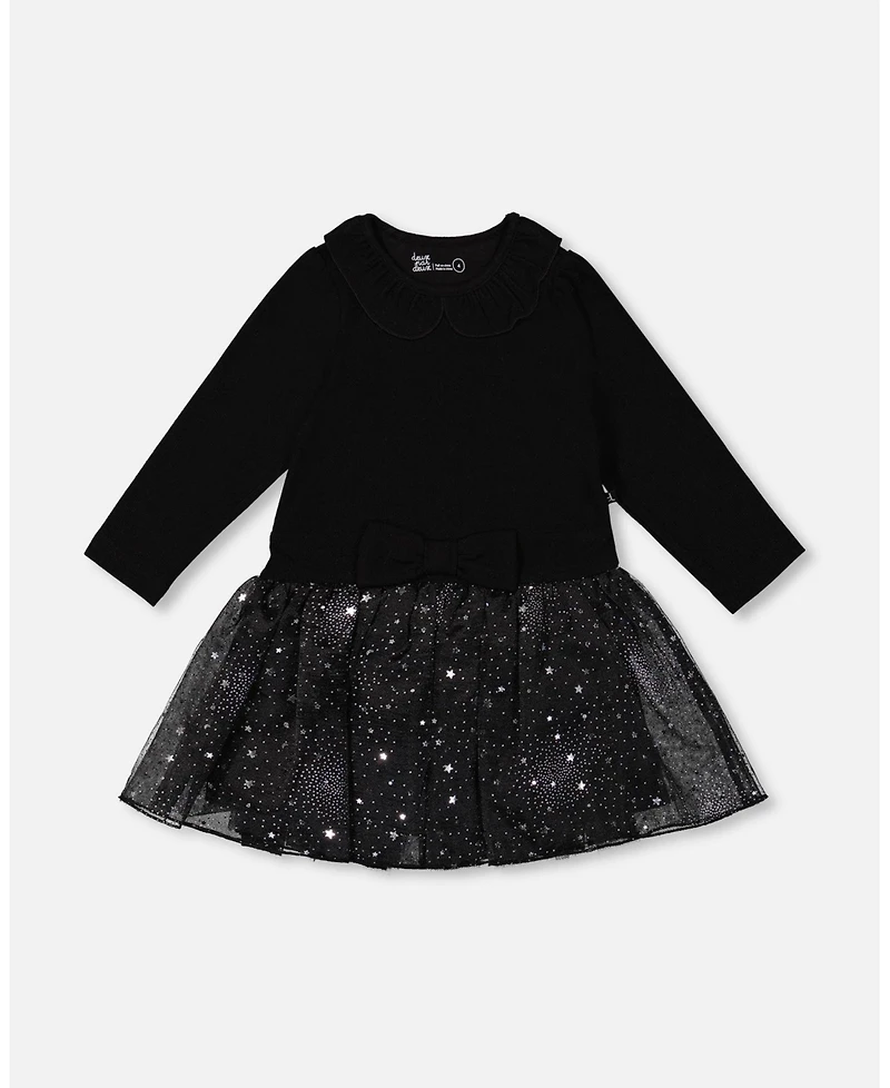Deux par Girl Bi-Material Dress with Glittering Skirt Black