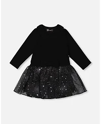 Deux par Girl Bi-Material Dress with Glittering Skirt Black