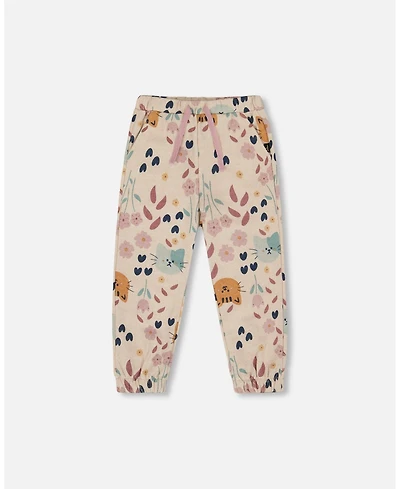 Deux par Baby Girl Glittering French Terry Sweatpant Beige Cat Print