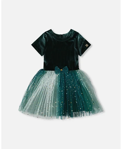 Deux par Girl Bi-Material Short Sleeve Party Dress for est Green - Child