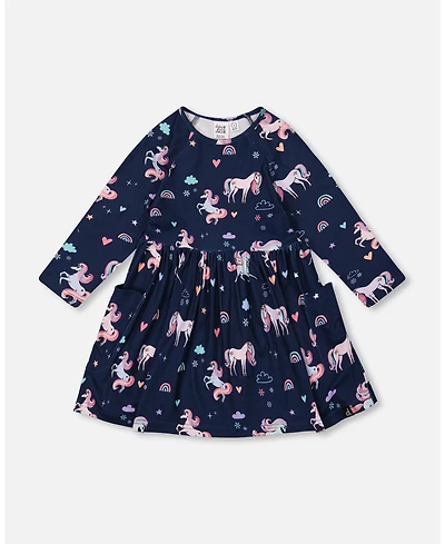 Deux par Girl Jersey Dress with Pockets Navy Unicorn Print
