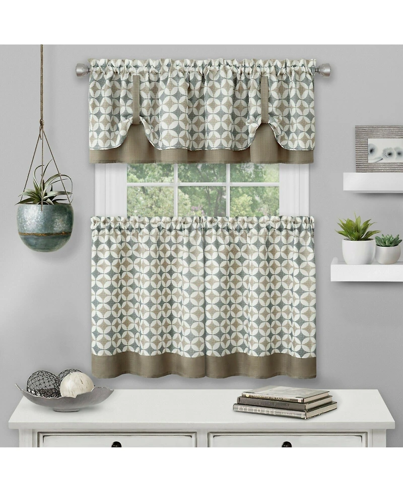 Kate Aurora Modern Geo 3 Pc Kitchen Curtain Tier & Valance Set - 56 in. W x 36 in. L, Taupe