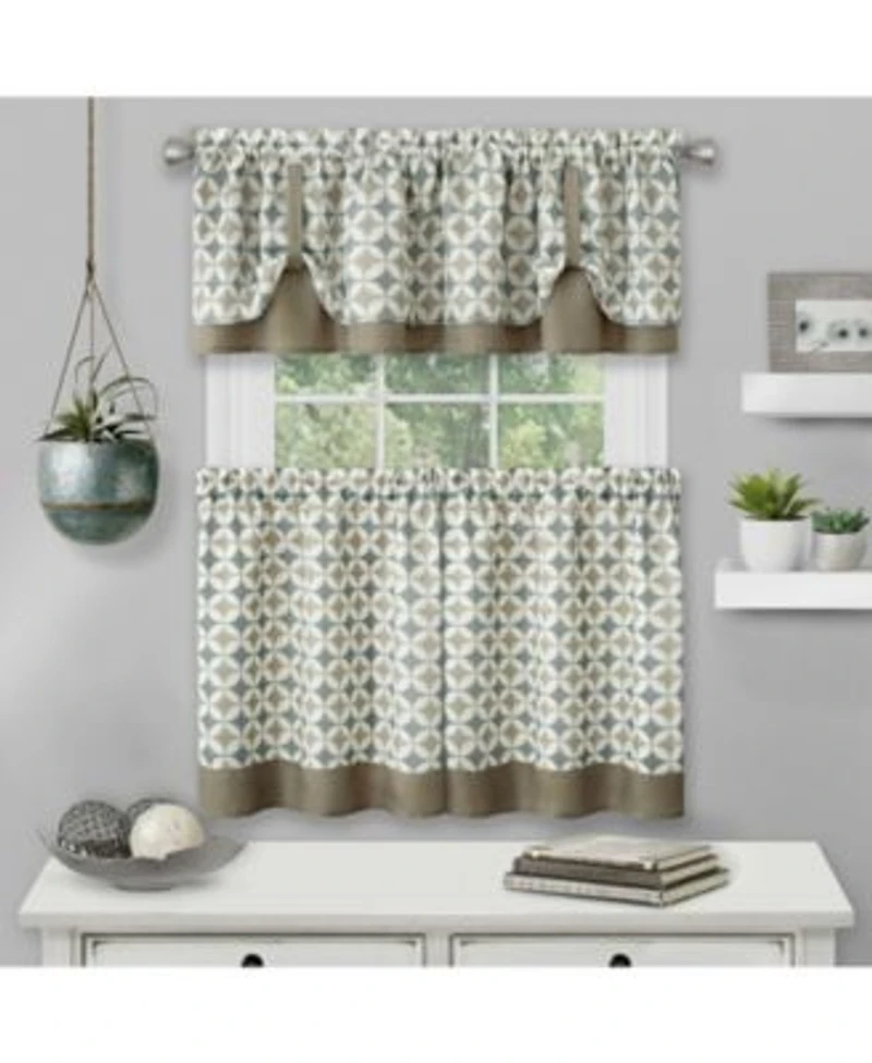 Kate Aurora Modern Geo 3 Pc Kitchen Curtain Tier Valance Set 56 In. W X 36 In. L Taupe