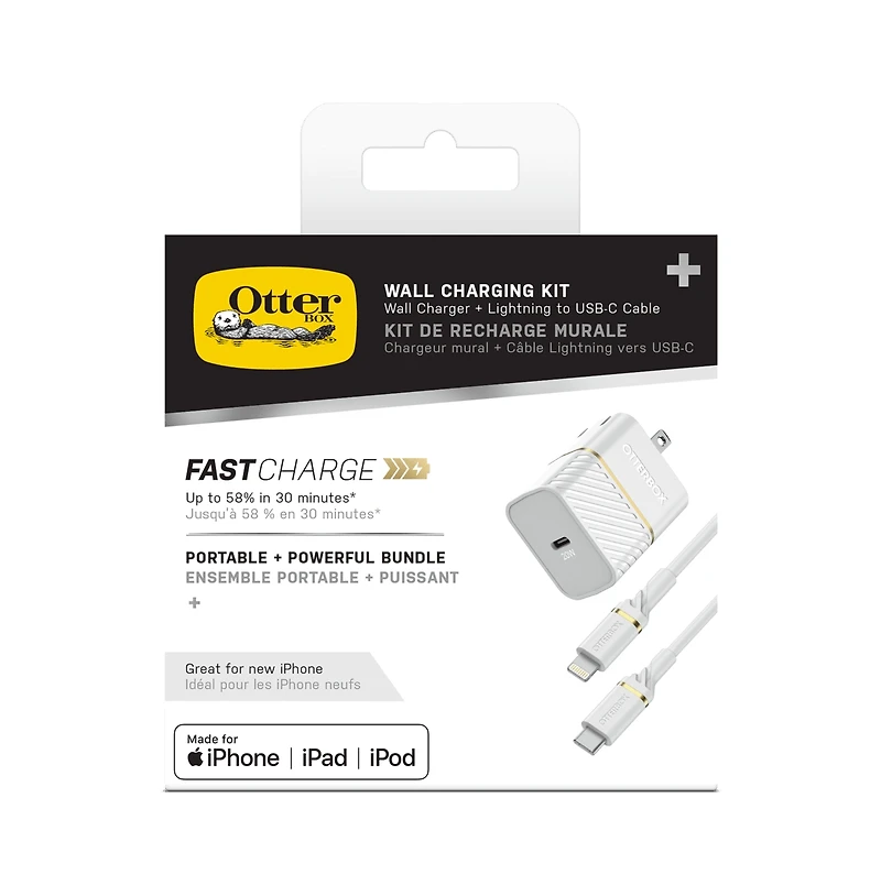 OtterBox Usb C Pd Wall Charger 20W and Usb C to Apple Lightning Cable 1m-White