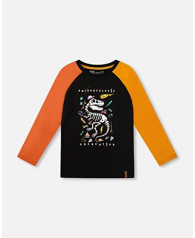 Deux par Boy Black Long Sleeve Raglan T-Shirt with Glow-In-The-Dark Dinosaur Print