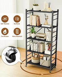 Sugift 5-Tier Foldable Storage Shelves, Metal Storage Rack with Wheels and Hooks