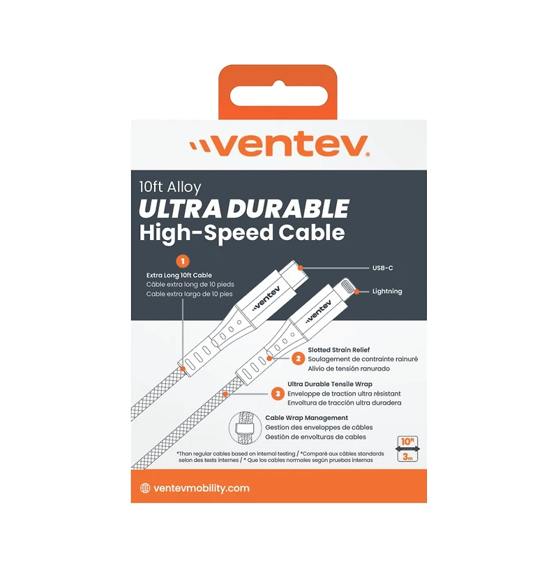 Ventev Alloy Usb C to Apple Lightning High Speed Ultradurable 10 Foot Cable-Gray
