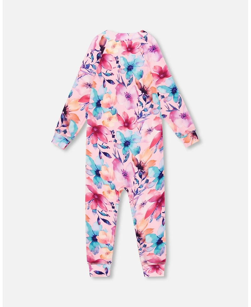 Deux par Toddler Girls One-Piece Thermal Underwear Pink Watercolor Flower Print - Toddler|Child