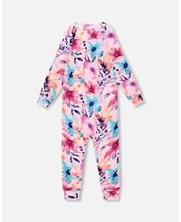 Deux par Toddler Girls One-Piece Thermal Underwear Pink Watercolor Flower Print - Toddler|Child