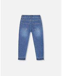 Deux par Big Girls Jeans Blue Denim with Frayed Hems and Floral Embroideries