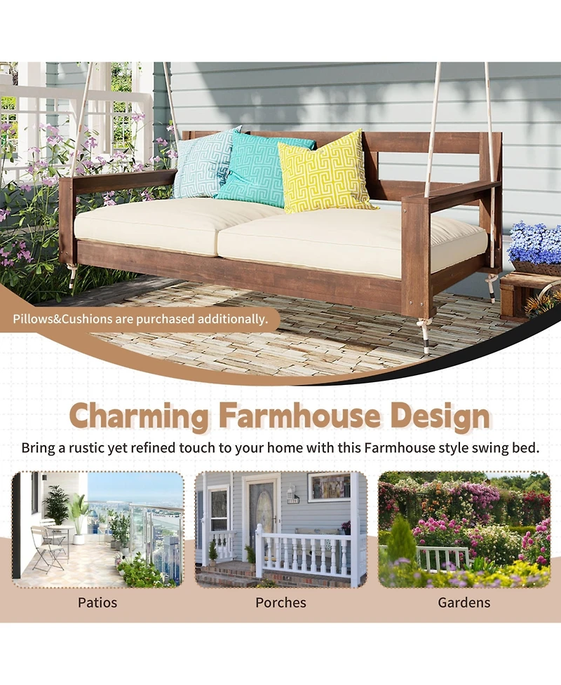 Flynama Patio Wooden Twin Size Porch Swing Daybed Frame, Garden Swing Bench Chair with 4 Hanging Ropes for Backyard,Outdoor,Brown