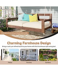 Flynama Patio Wooden Twin Size Porch Swing Daybed Frame, Garden Swing Bench Chair with 4 Hanging Ropes for Backyard,Outdoor,Brown