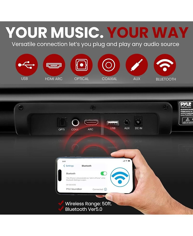 Pyle Wave Base Bluetooth Tabletop Soundbar Digital Speaker with Remote Control, Aux, Optical In, Usb In, Hdmi (Arc) & Coaxial