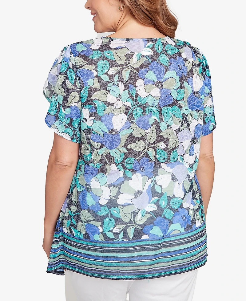 Ruby Rd. Plus Floral Striped Border Flutter Sleeve Top