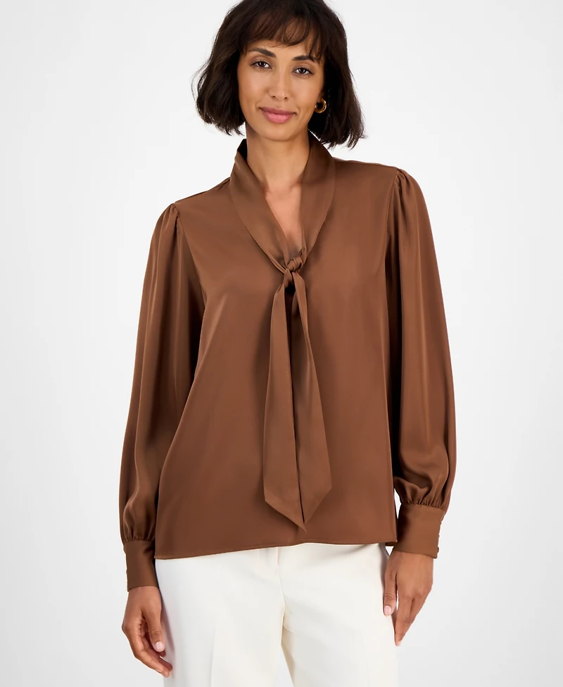 T Tahari Women's Bow-Neck Tie Blouse