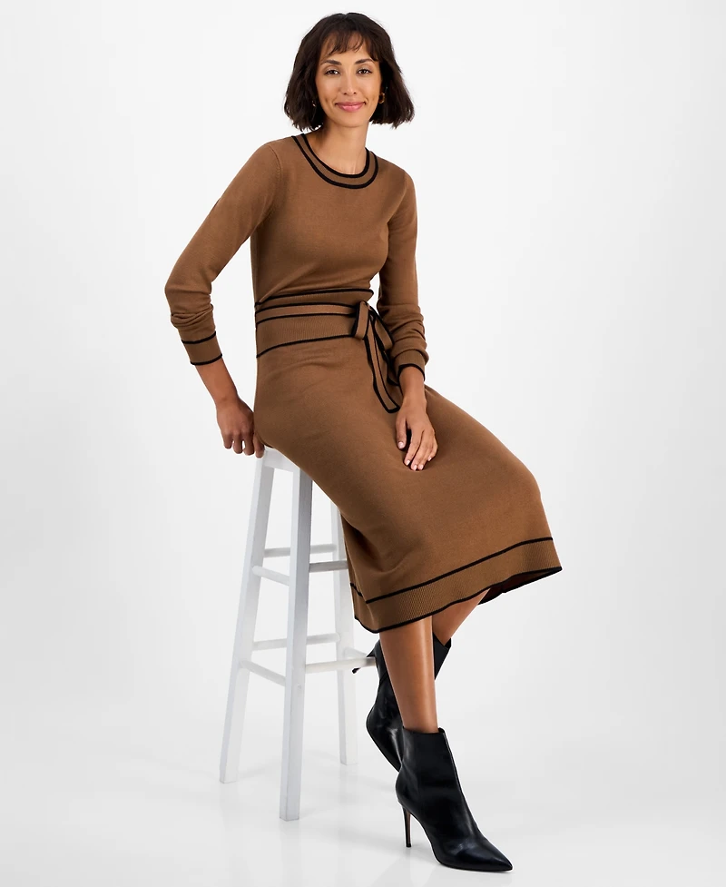 T Tahari Women's Wide-Rib Belted Sweater Dress