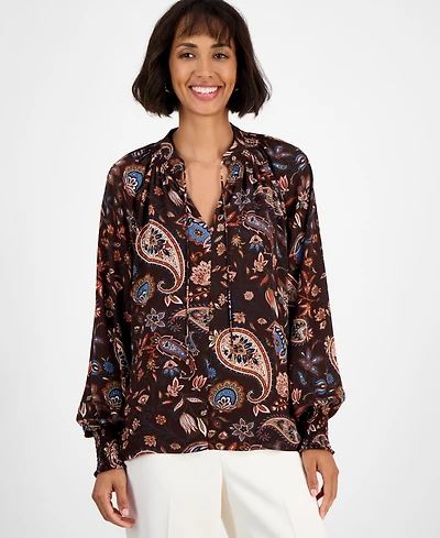 T Tahari Women's Printed Split-Neck Long-Sleeve Blouse