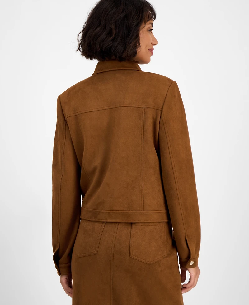 T Tahari Women's Faux-Suede Snap-Front Long-Sleeve Jacket