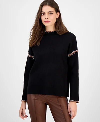 T Tahari Women's Mock-Neck Embroidered-Stitch Sweater