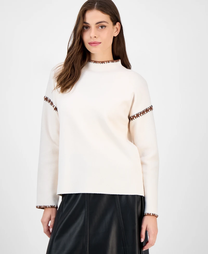 T Tahari Women's Mock-Neck Embroidered-Stitch Sweater