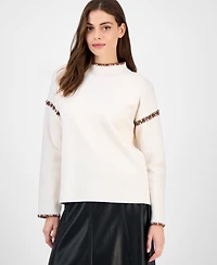 T Tahari Women's Mock-Neck Embroidered-Stitch Sweater