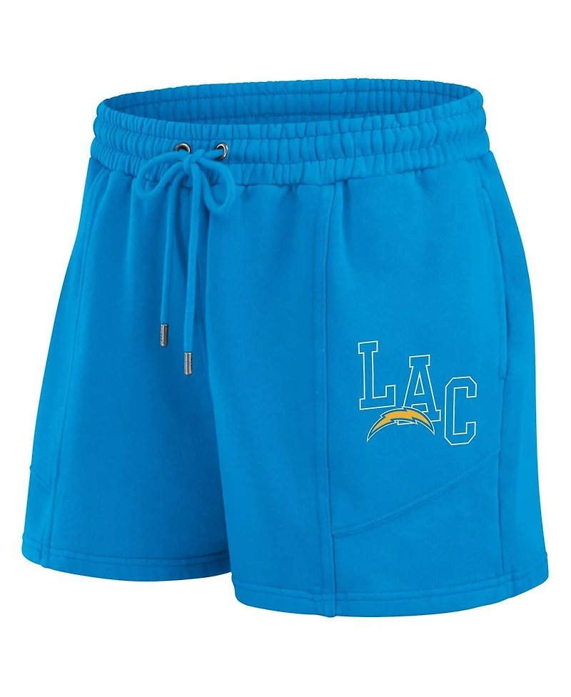 Wear by Erin Andrews Women's 2-Piece Powder Blue Los Angeles Chargers Washed Fleece Long Sleeve T-Shirt and Shorts Lounge Set