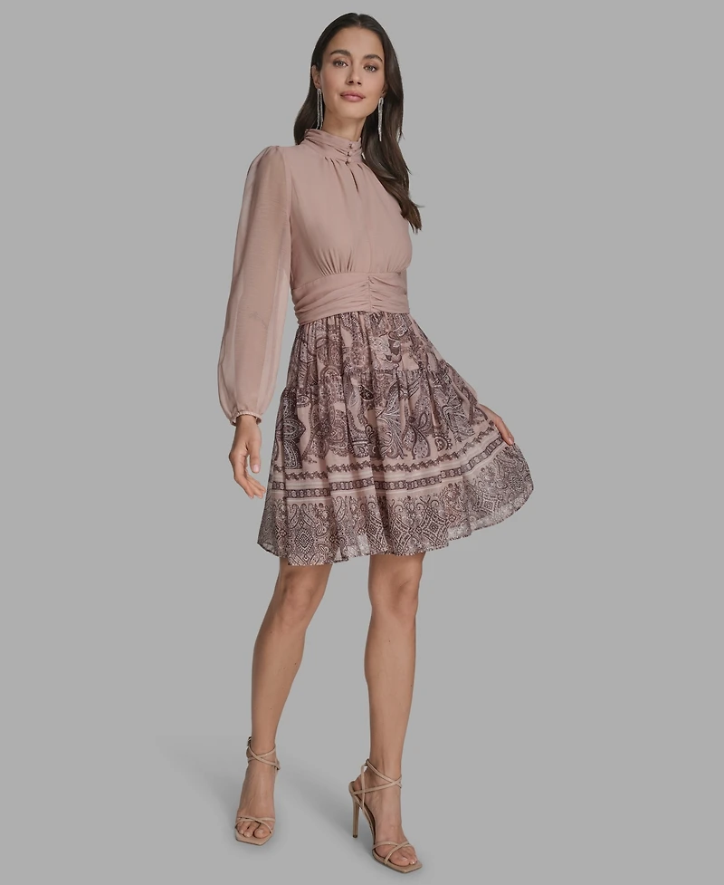 Bcbg Women's Mock-Neck Long-Sleeve Chiffon Fit & Flare Dress