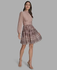 Bcbg Women's Mock-Neck Long-Sleeve Chiffon Fit & Flare Dress