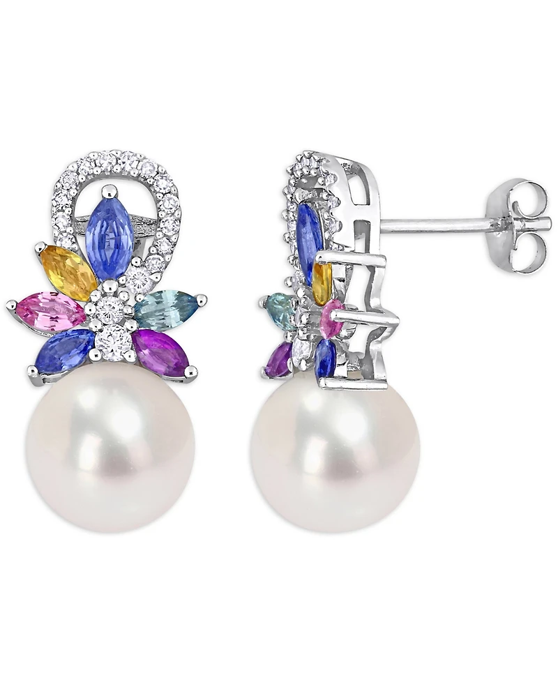 Cultured Freshwater Pearl (9mm), Multi-Sapphire (1-5/8 ct. t.w.) & Diamond (1/8 ct. t.w.) Drop Earrings in 14k White Gold